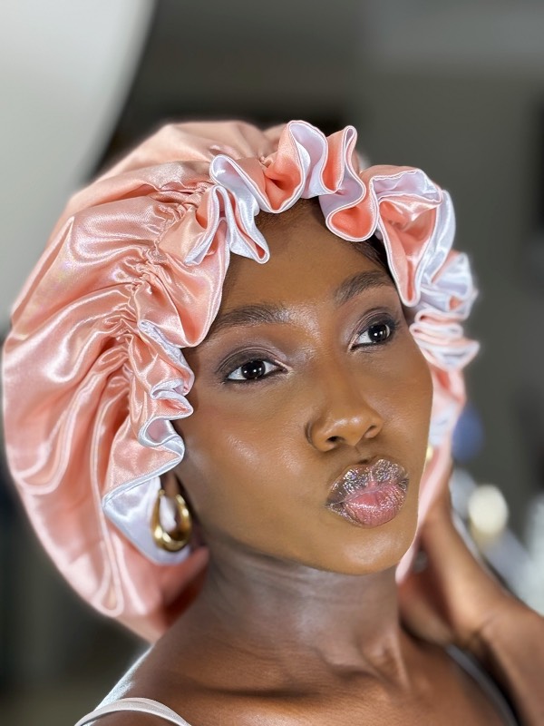 Peach &white ruffle bonnet