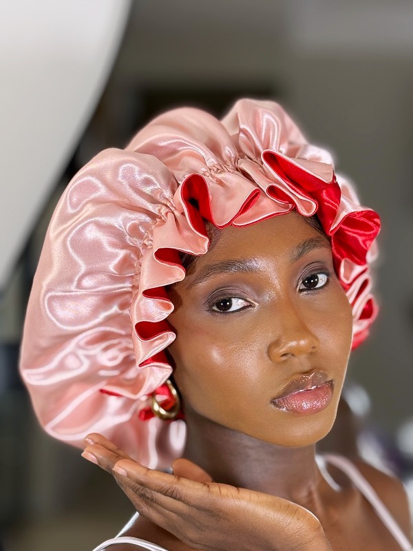 Red and peach ruffle bonnet